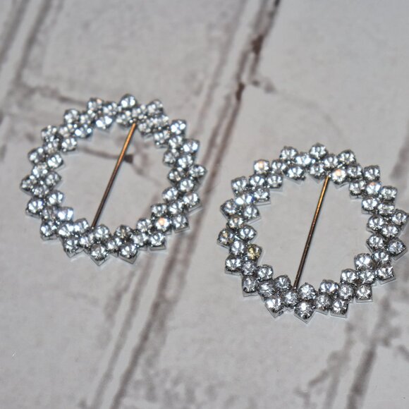 ✨🔘 Set of Two Rhinestone Silver Round Metal Buckles – 2" High Shine · Vintage - Picture 1 of 5